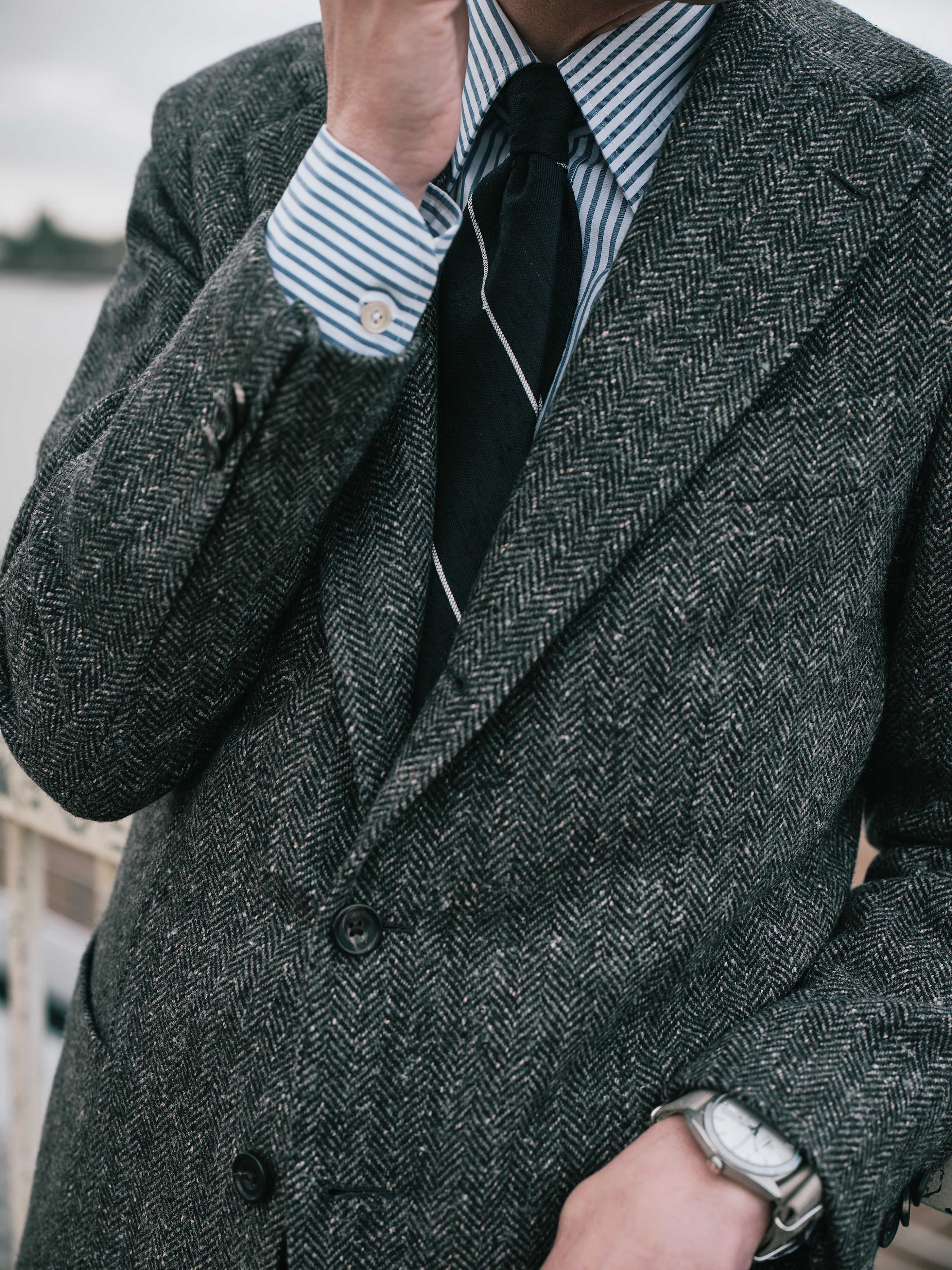 Charcoal Wool, Silk, and Cashmere Herringbine Tweed Waverly Jacket