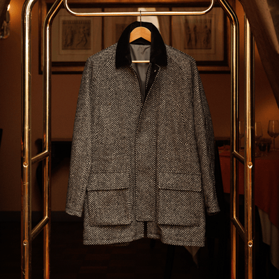 Game Coat in Black and White Herringbone Tweed